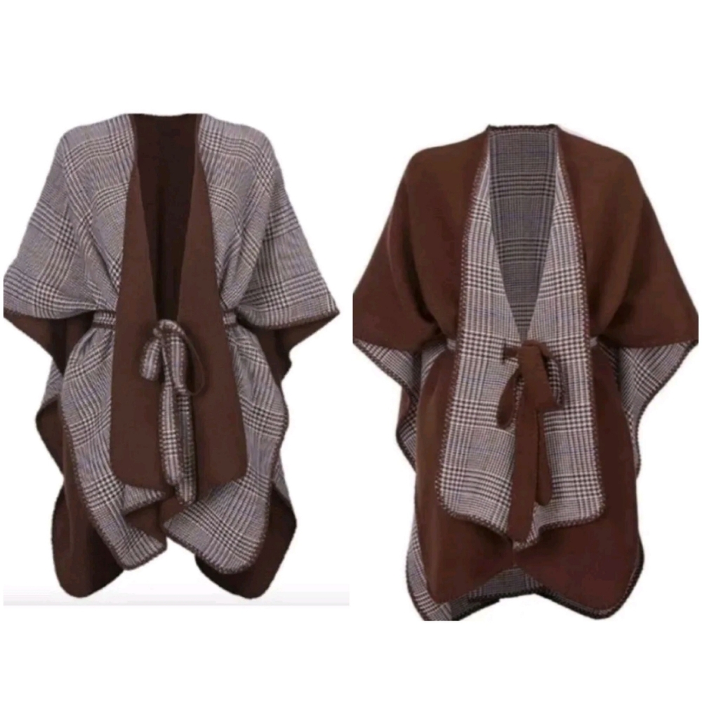 Cabi Winter Wrap Poncho Plaid Wine Burgundy Preppy size XS/Small Oversized Cozy